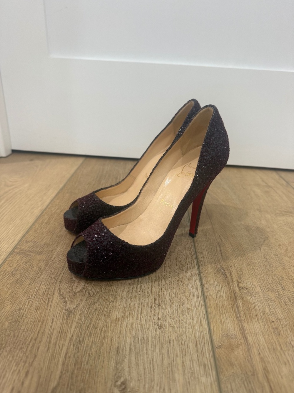 Christian Louboutin Lady Peep 150 Glitter Pumps Burgundy Platform Heels